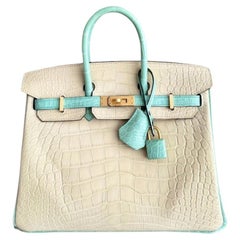 Hermes Birkin 25 SO Alligator Vanille & Vert D'eau Brushed Gold Top Handle Bags