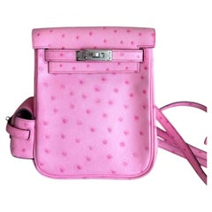 Hermès Kelly Mini Jump Rucksack, Bubblegum-Pink, Straußenleder, Palladium