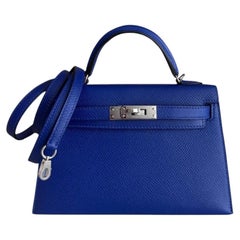 Hermes Kelly Mini 20 Blue Electric Epsom Palladium Hardware RARE Top Handle