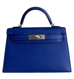 Hermes Kelly Mini 20 Blue Electric Epsom Palladium Hardware RARE Top Handle