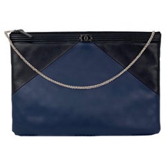 Chanel Quilted Lambskin Leather Black Blue Large Boy Zip Pouch