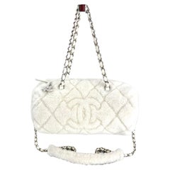 Chanel Shearling Quilted White Lambskin Bowler Crossbody Shoulder Bag