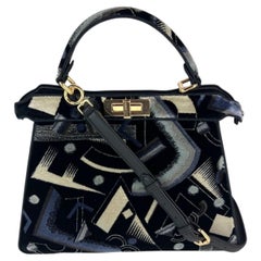 Fendi Peekaboo I See U Medium Printed Velvet Black Blue Satchel Shoulder Bag