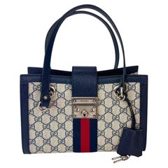 Gucci GG Supreme Dollar Calfskin Web Small Padlock Navy Tote Bag