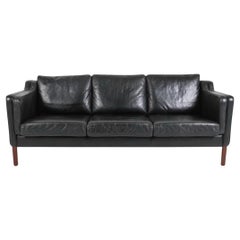 Mid Century Danish Modern Beautiful Black Leather 3 Seat Sofa Wood Legs