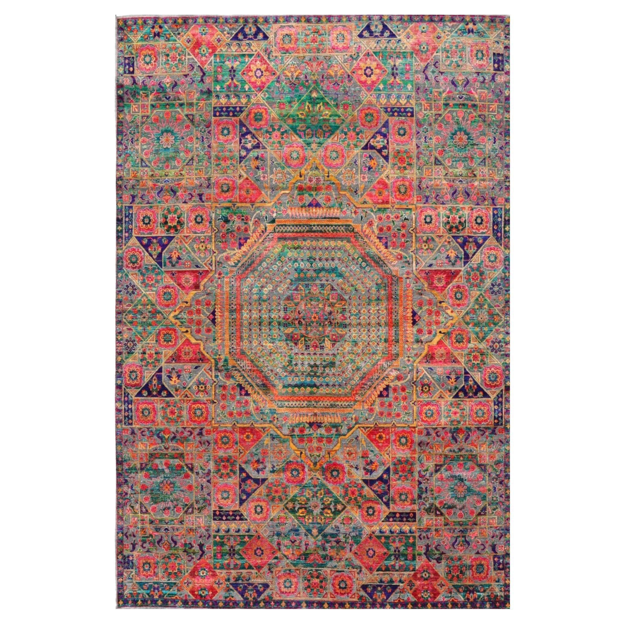 India Sari Silk Area Rugs - Wool Green Pink Yellow Design -