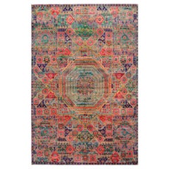 India Sari Silk Area Rugs - Wool Green Pink Yellow Design -