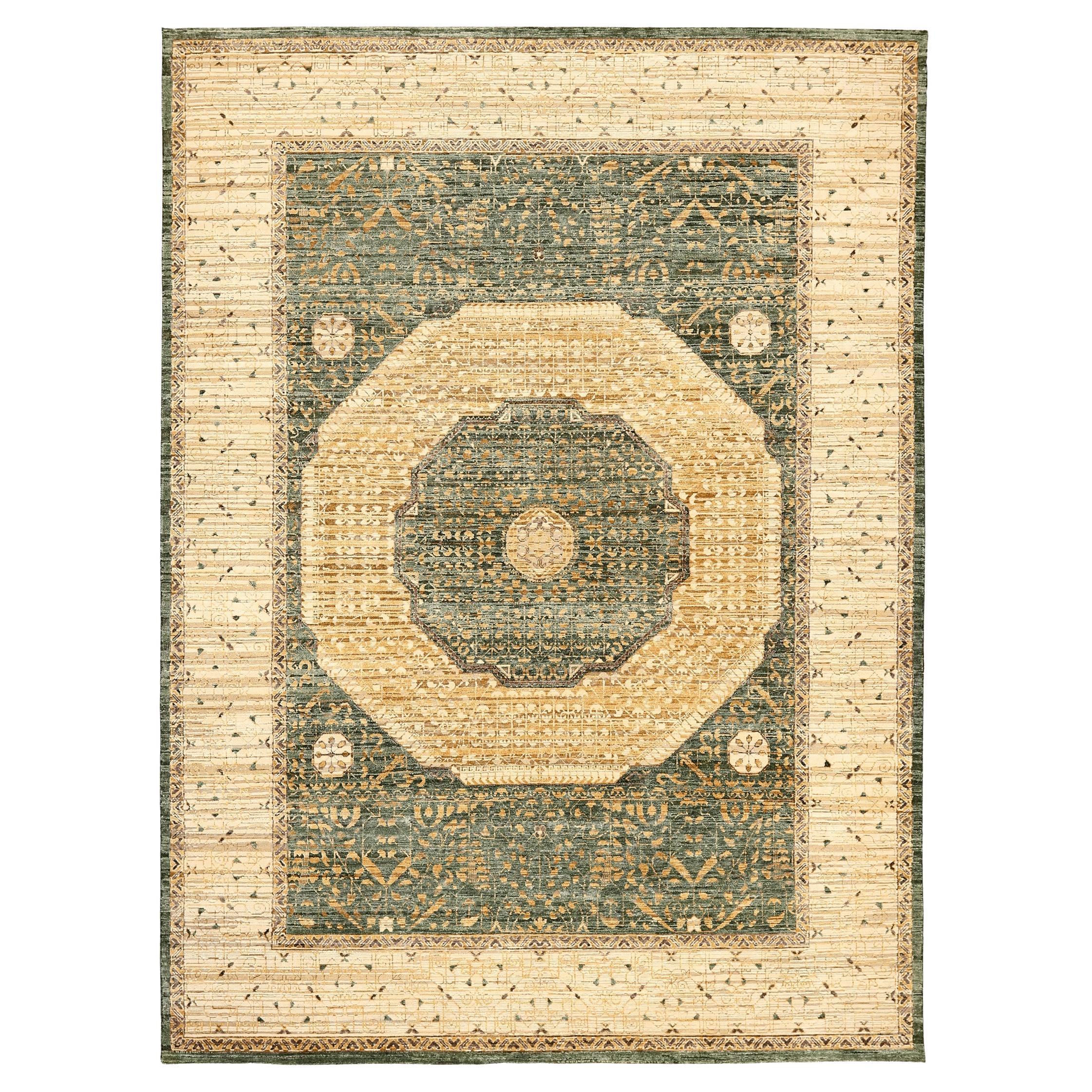 Tapis Mamluk indiens - Design en laine vert ivoire jaune - 94101