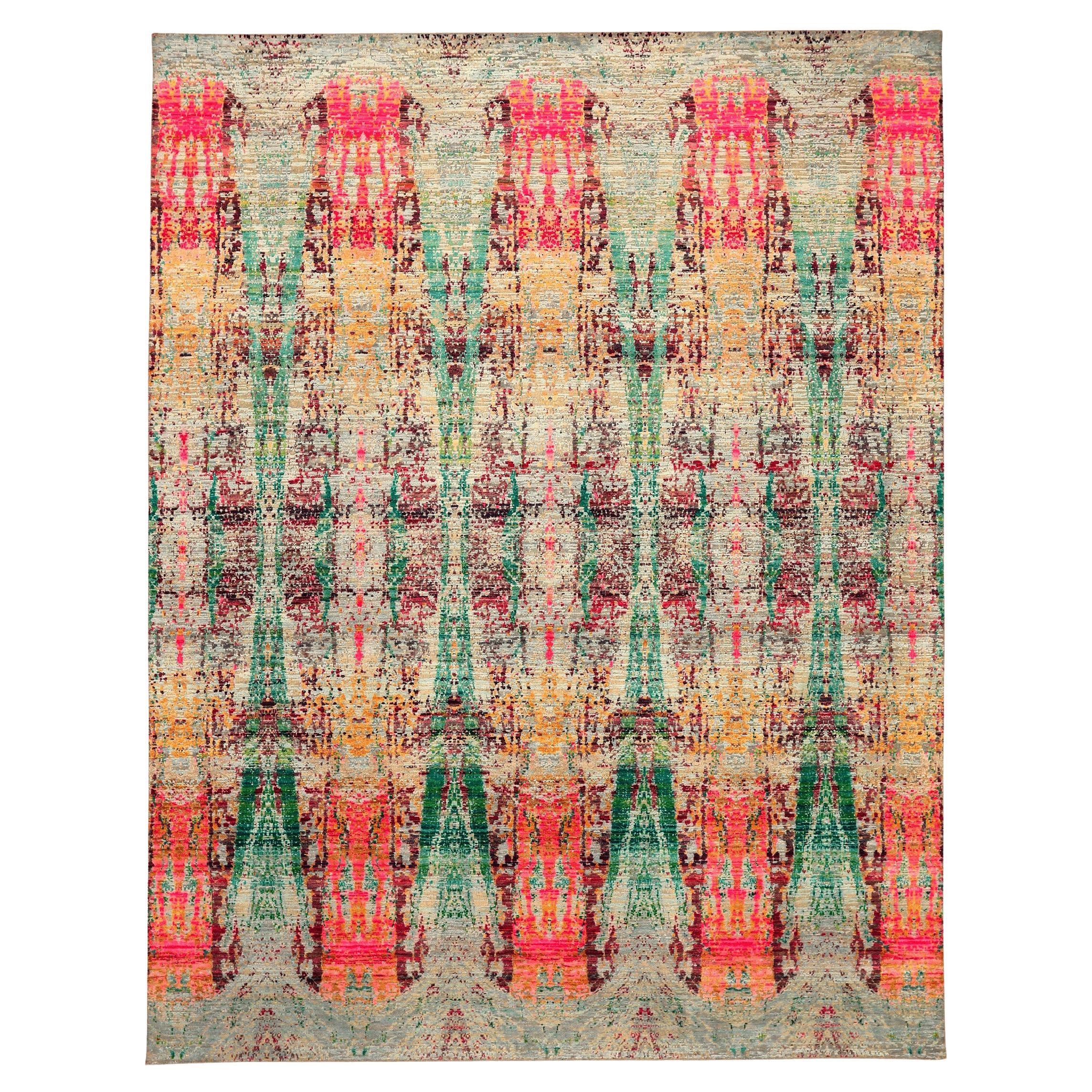 Tapis indien Sari en laine motif vert rose jaune - 94164
