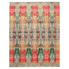 Tapis indien Sari en laine motif vert rose jaune - 94164