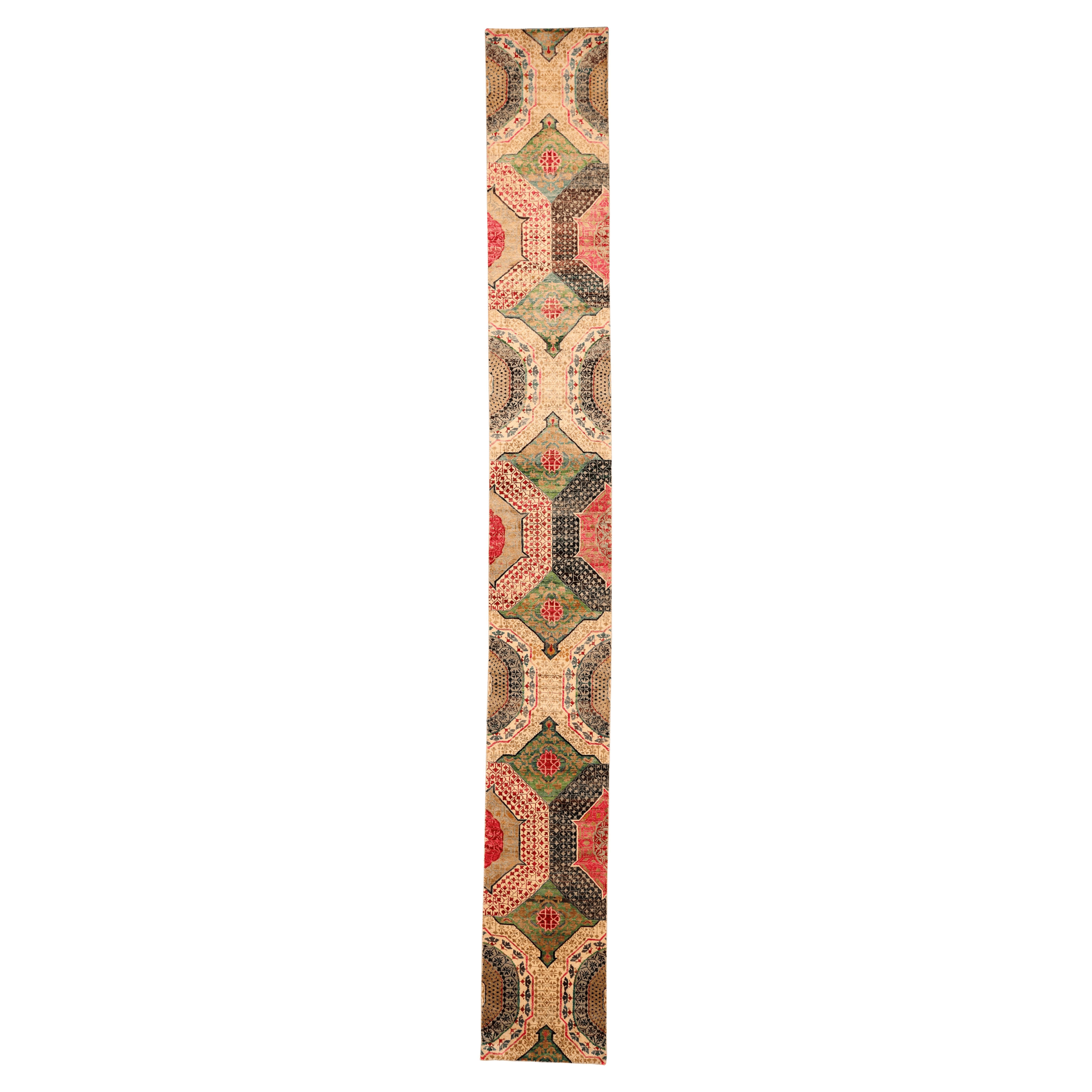 Tapis de course Sari en laine vert ivoire rose rouge motif - 94261