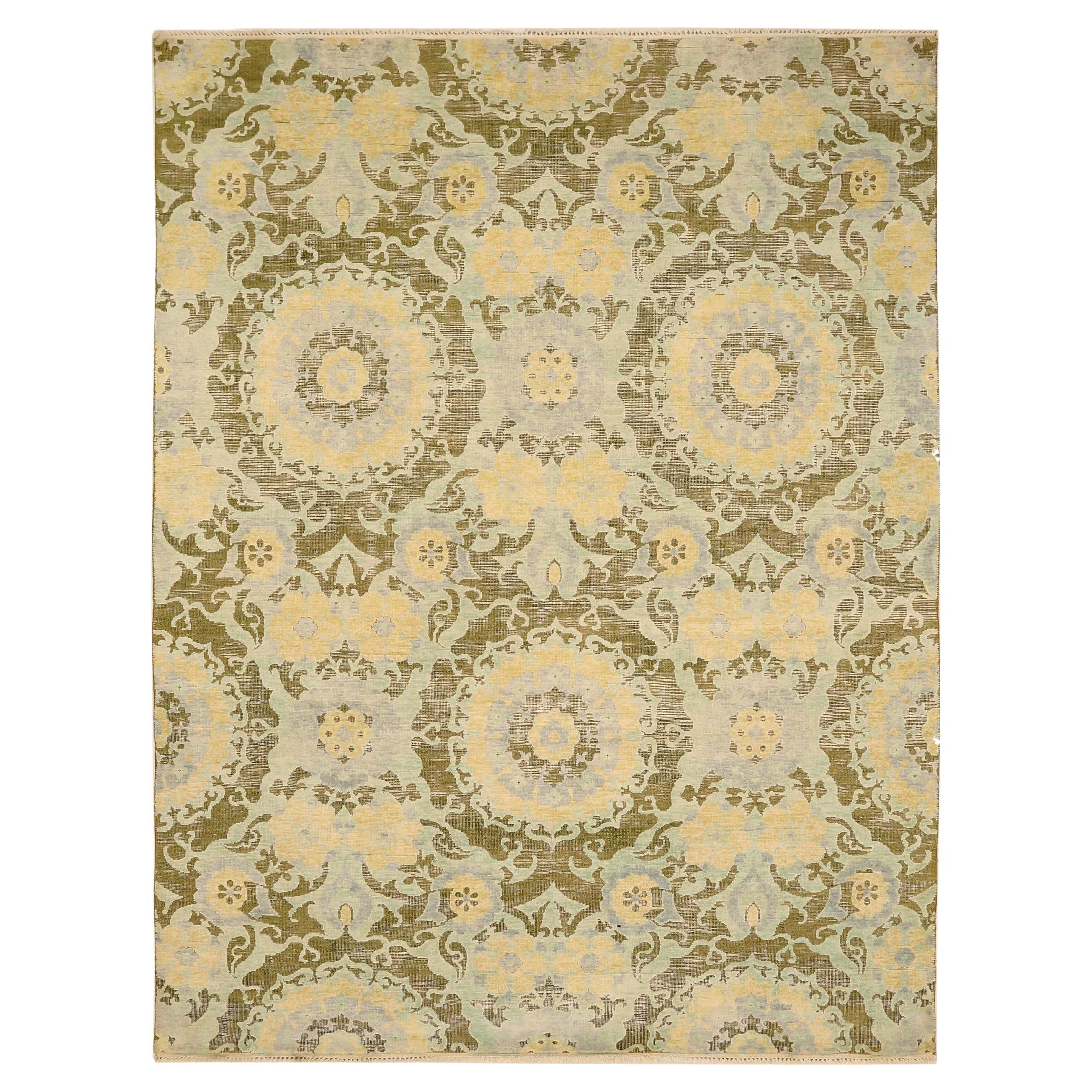 Tapis modernes indiens - motif en laine vert ivoire jaune 93838 en vente