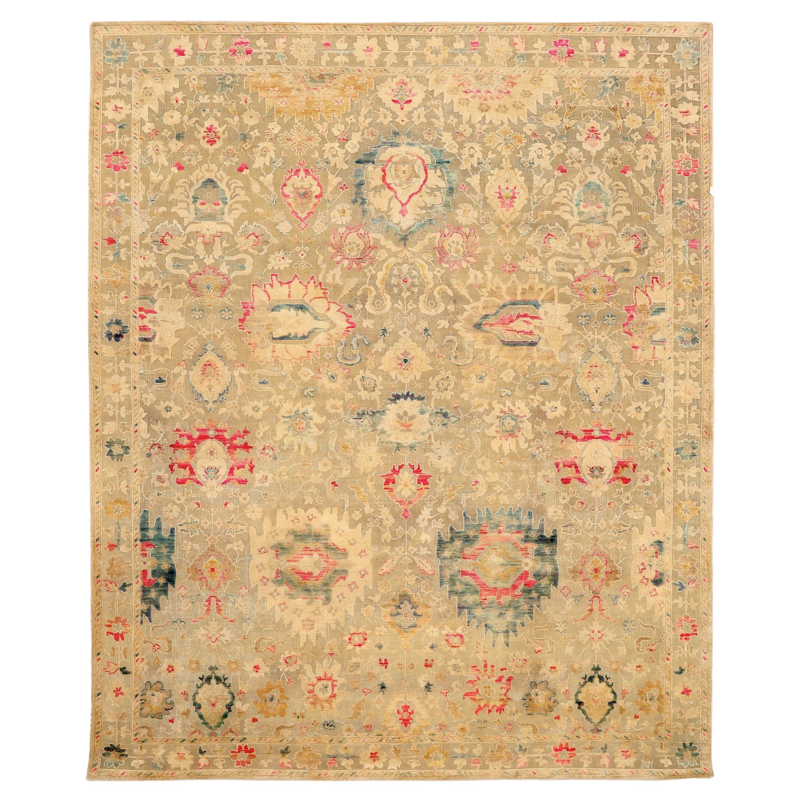 Tapis indien Sari en laine ivoire rouge taupe motif - 93839