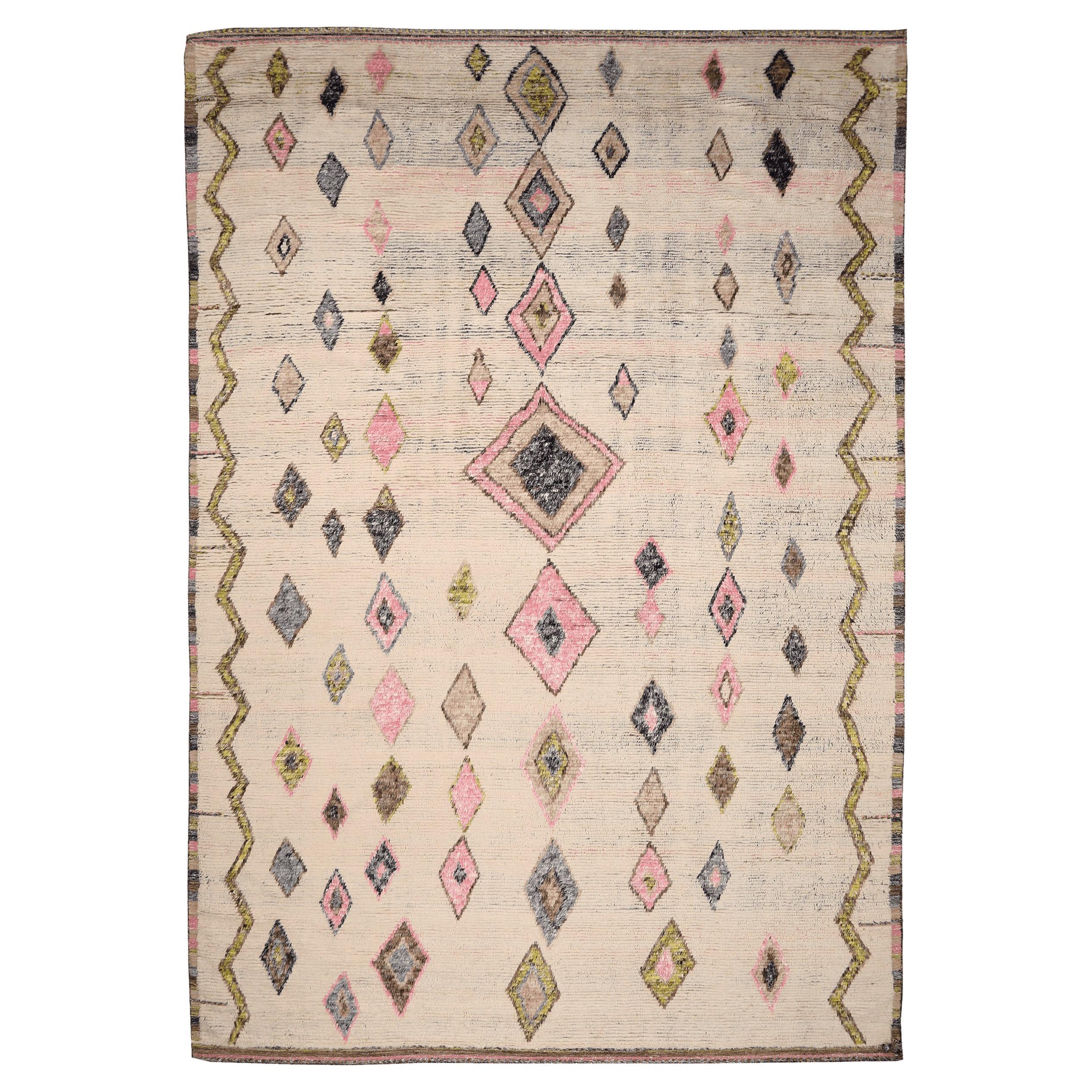 India Moroccan Over Size Rug - Wool Ivory Pink Yellow Design - 94532