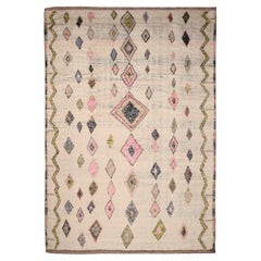 India Moroccan Over Size Rug - Wool Ivory Pink Yellow Design - 94532
