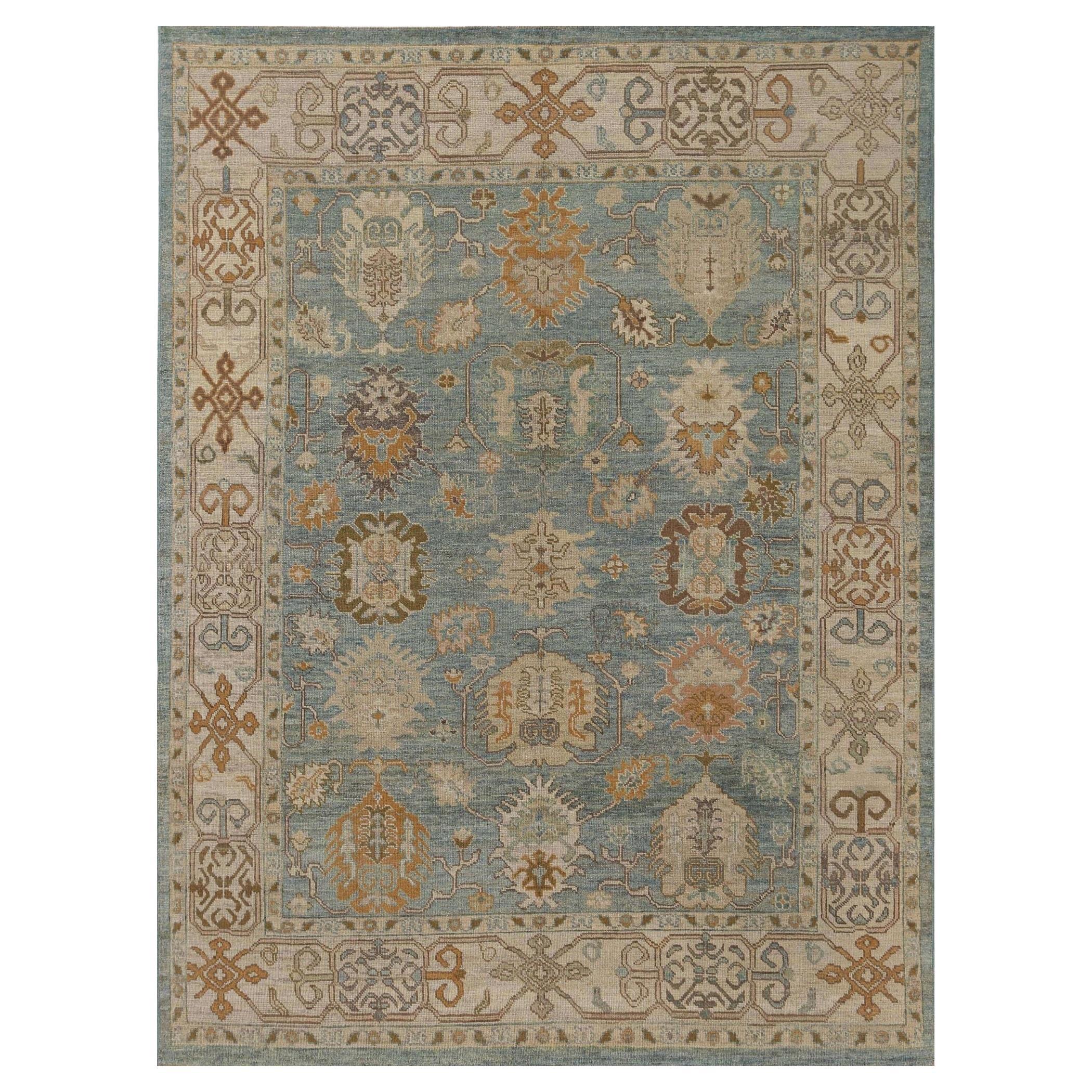 Turkey Oushak Area Rugs - Wool Blue Design - 95887 For Sale