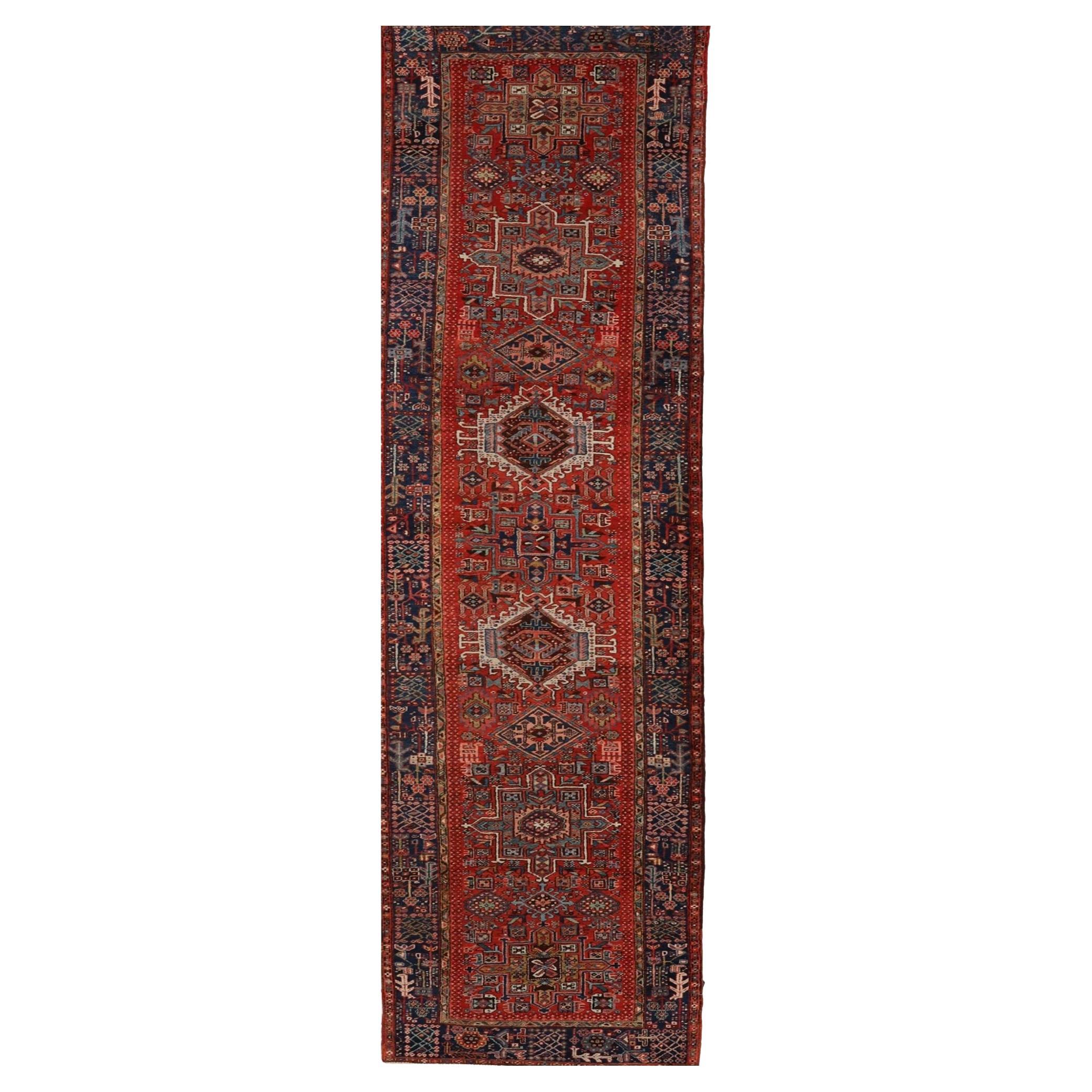 Persian Heriz Runner Rug Circa 1910 - Wool Blue Ivory Navy Blue Red - 99586