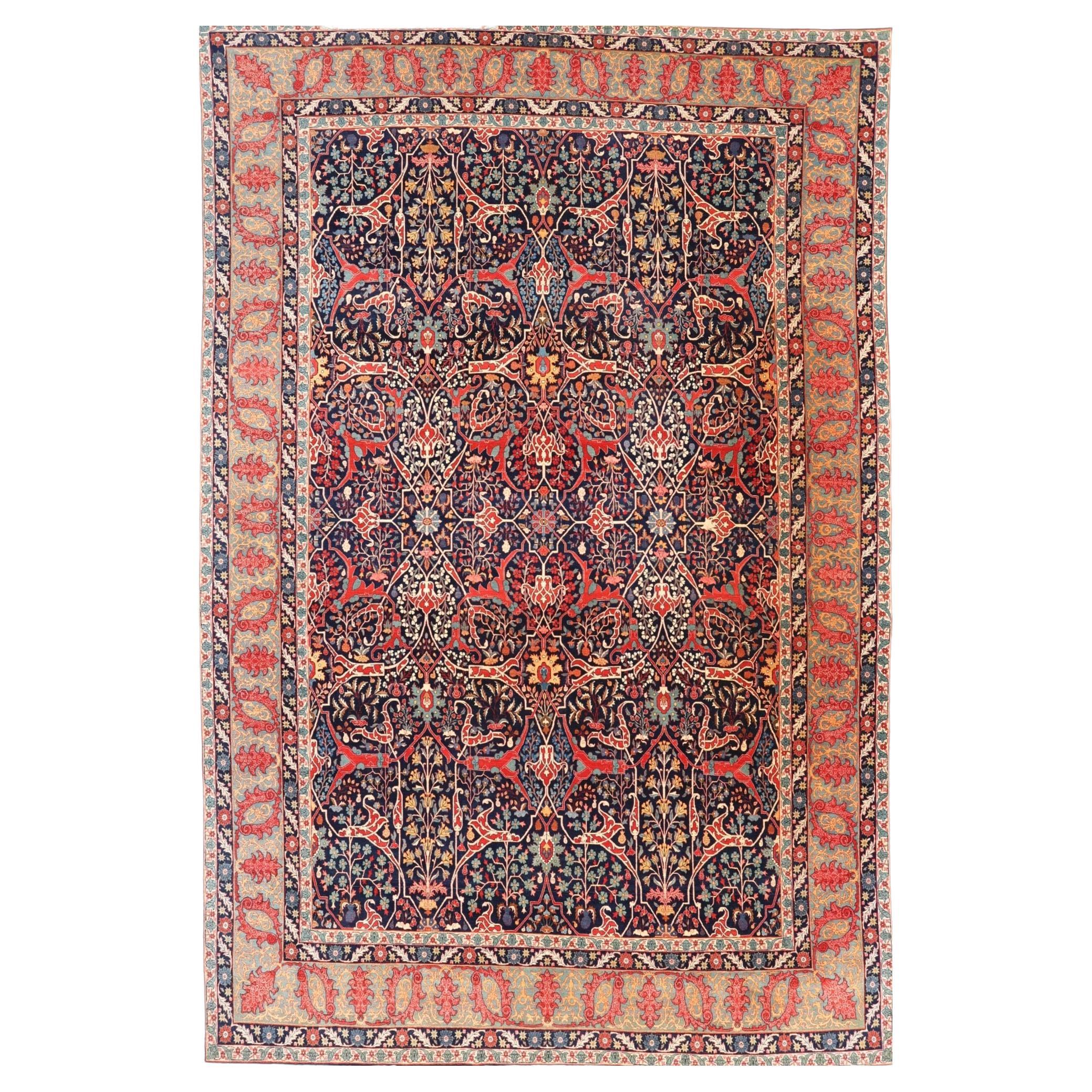 Antique Persian Tabriz Rug Circa 1910 - Wool Blue Ivory Navy Blue Red - 99579 For Sale