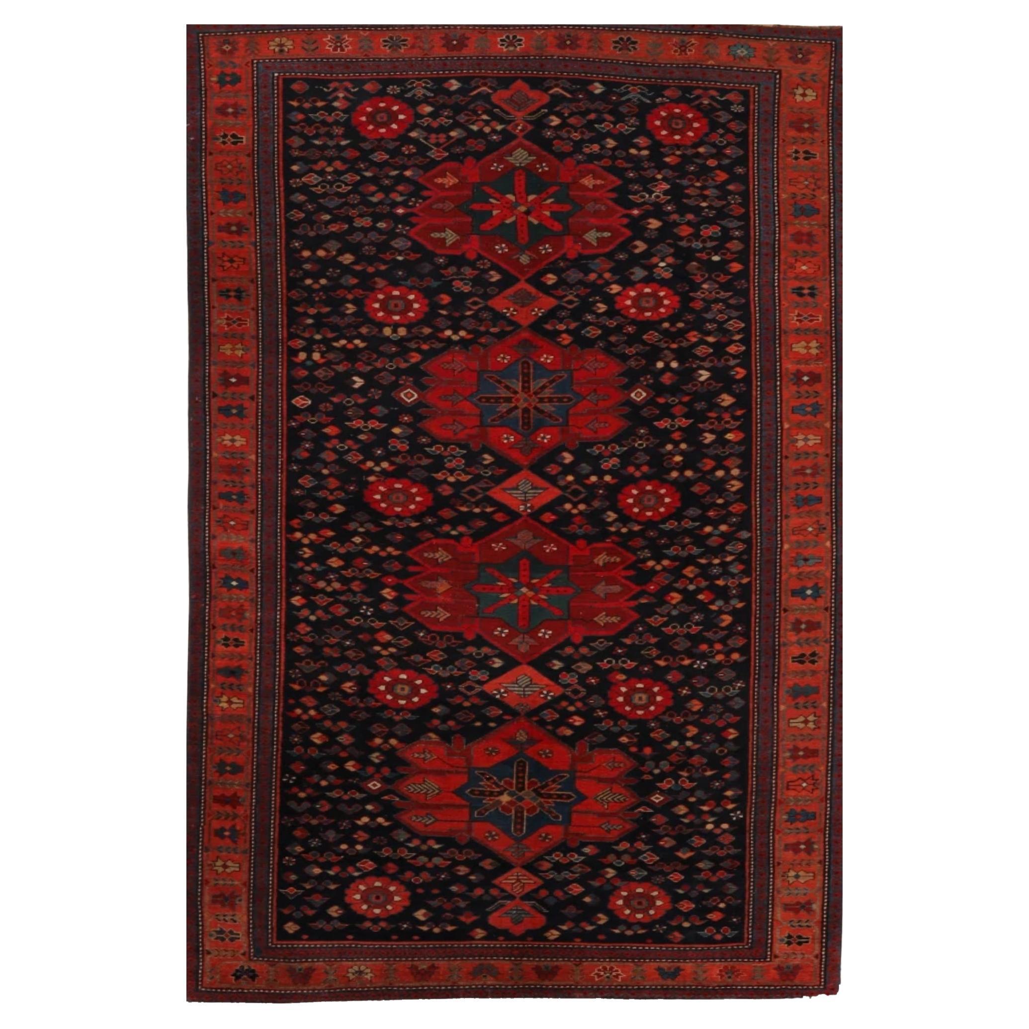 Antique Russian Area Rug Circa 1910 - Wool Black Blue Red Design- 99582