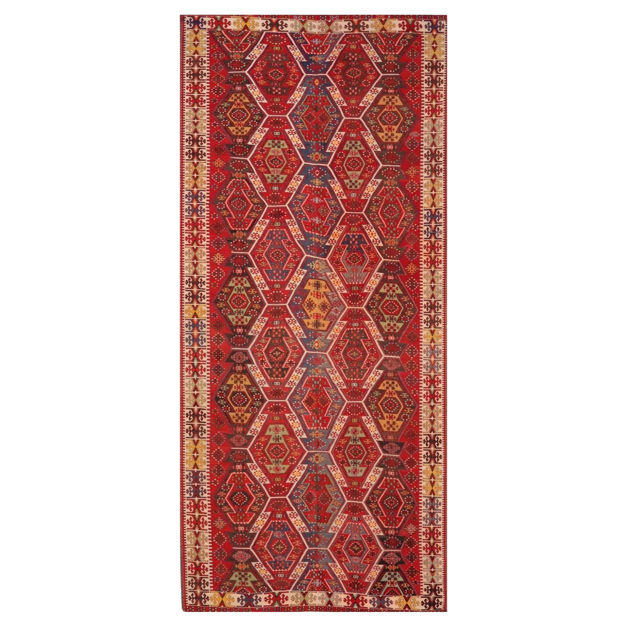 Antique Russian Area Rug Circa 1910 - Wool Blue Green Ivory Red Design - 99583 For Sale