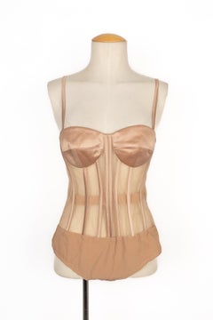 Roberto Cavalli Beige Silk and Tulle Bustier Bodysuit