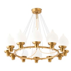 Scandinavian Modern Ceiling Lamp in Brass, Opaline Glass by Hans Bergström
