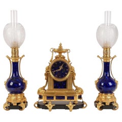 3 piece mantel clock garniture "Lapis Lazuli", France, Second Half of 19th C.