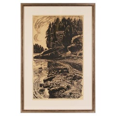 Linocut "Daugava Near Olinkalns", Latvia (Ussr) By Čaupovs Aleksandrs, 1964