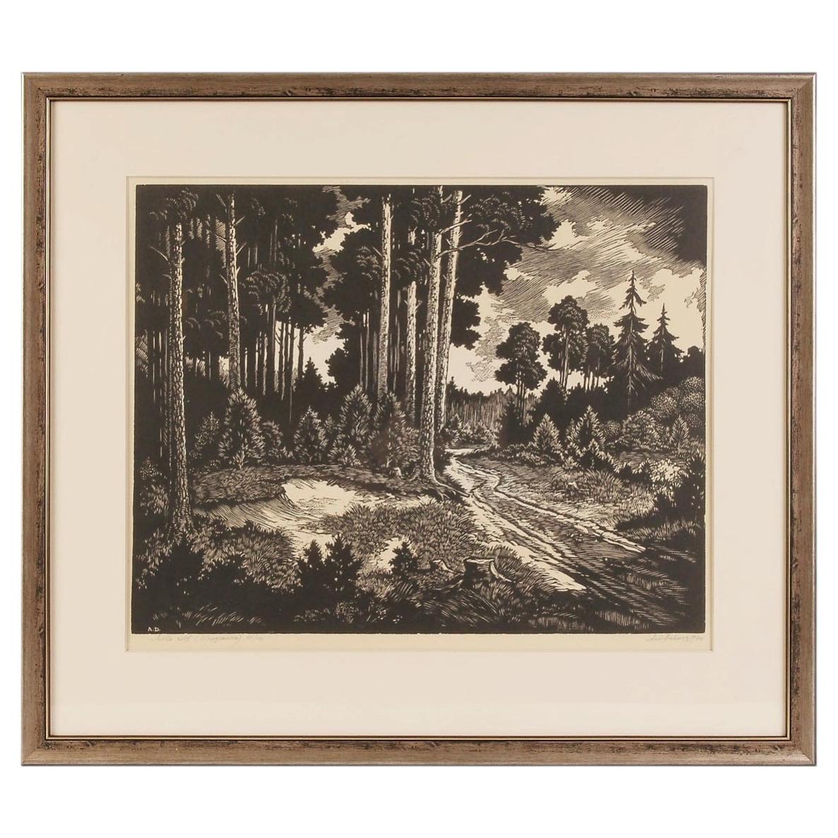 Linocut "Forest Road", Latvia (Ussr) By Duburs Arturs, 1970 For Sale