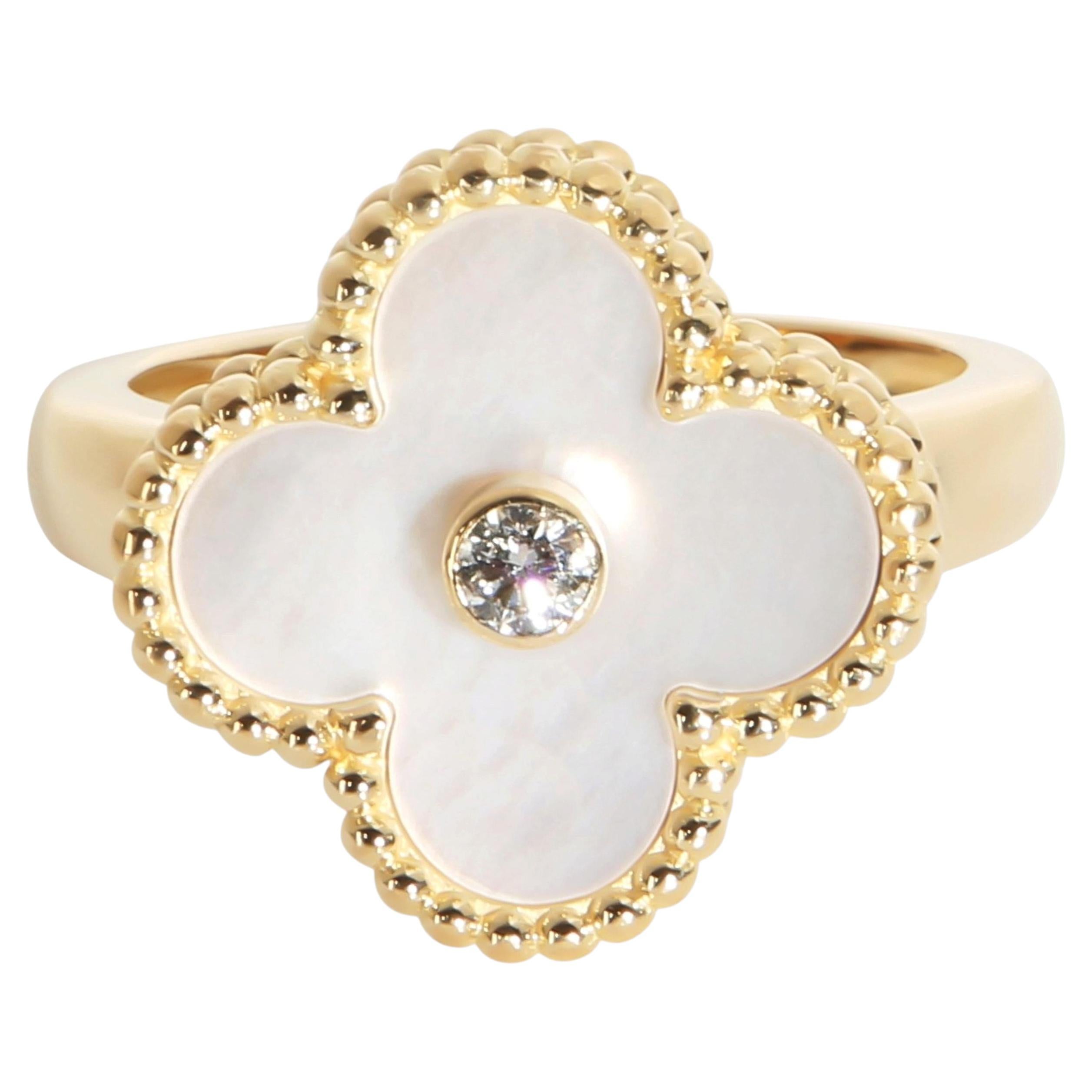 Van Cleef & Arpels Yellow Gold Mother Of Pearl and Diamond Vintage Alhambra Ring For Sale