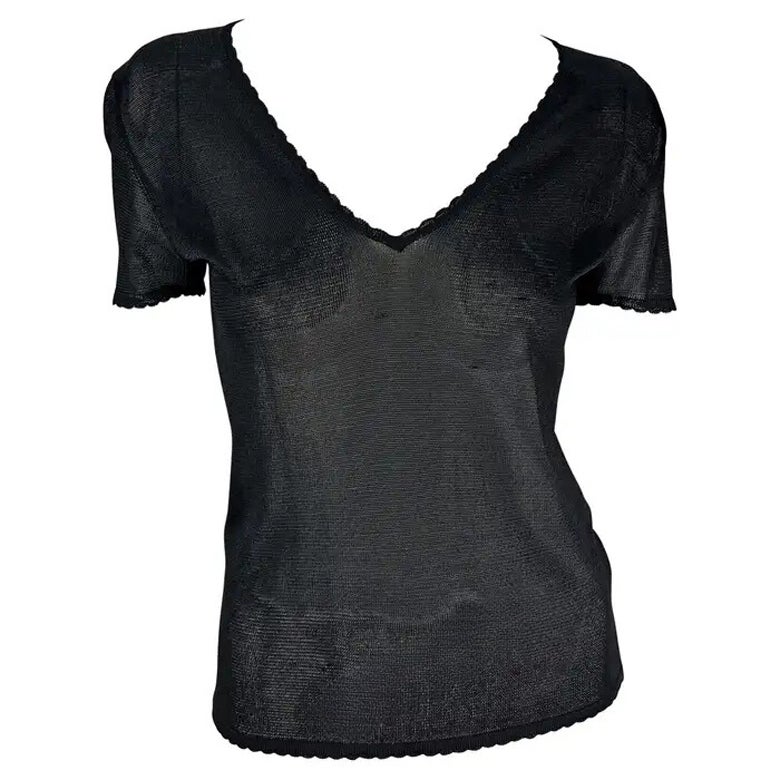 S/S 1997 Gianni Versace Scallop Knit Sheer Viscose V-Neck Black Sweater Top en venta