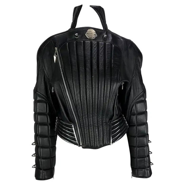 F/W 1989 Thierry Mugler Hiver Buick Chaqueta motera de piel con rejilla cromada escultural en venta