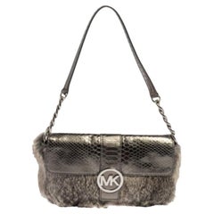 Michael Kors Grey Python Embossed Leather and Rabbit Fur Fulton Baguette