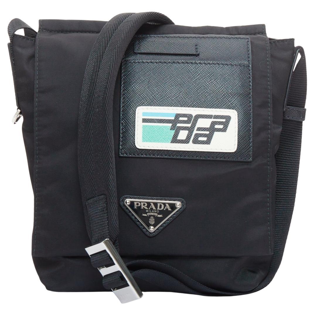PRADA Racing bolso messenger negro tessuto nylon saffiano piel parche logo solapa