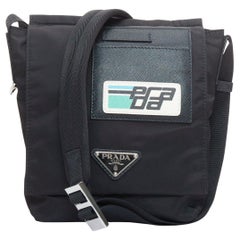 PRADA Racing black tessuto nylon saffiano leather patch logo flap messenger bag