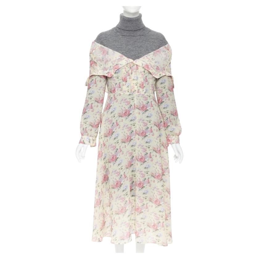 JUNYA WATANABE CDG AW18 Runway robe à col roulé en laine grise et à fleurs jaunes XS en vente