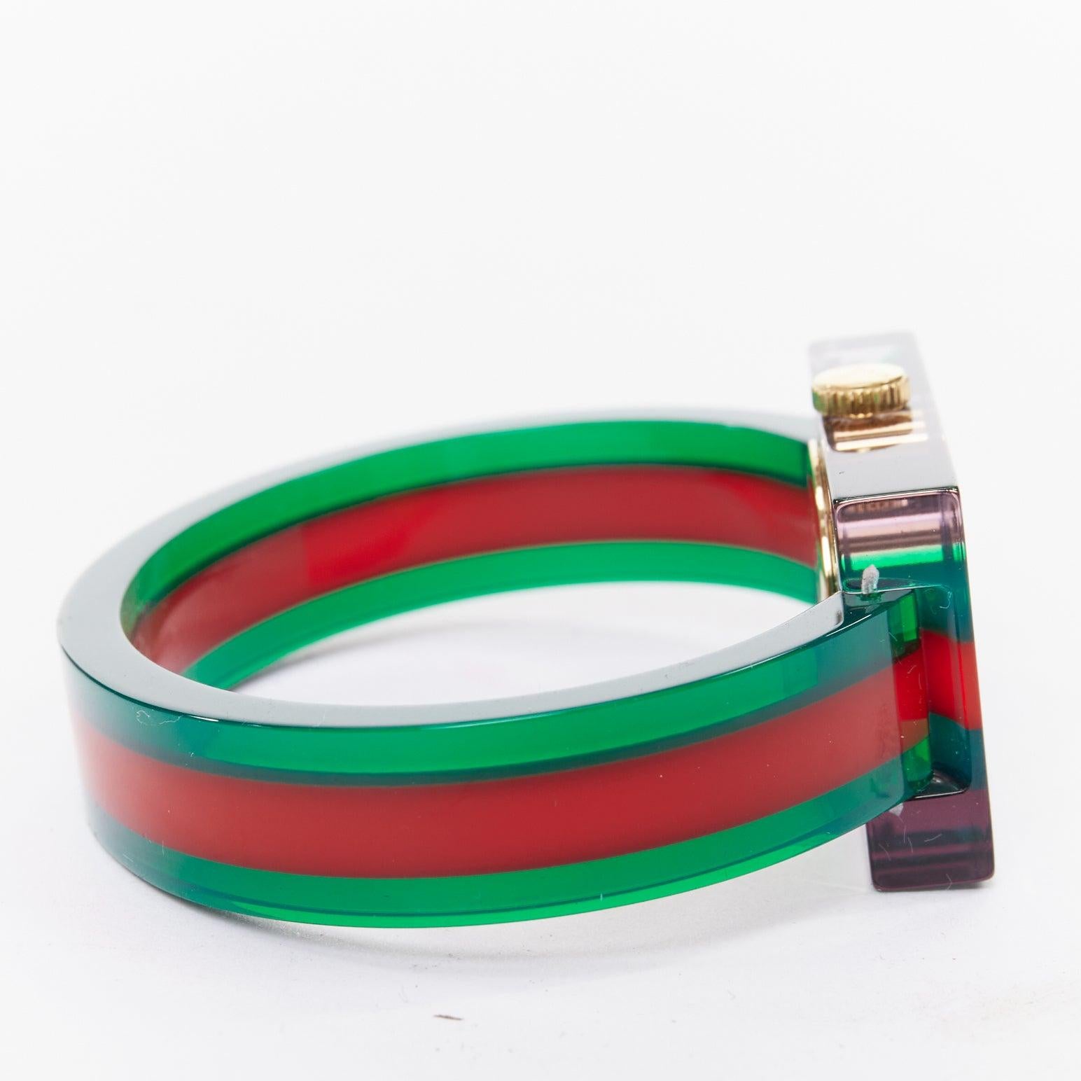 Women's GUCCI 2018 Plexi Web green red  143.5 skeleton dial rectangular frame watch For Sale