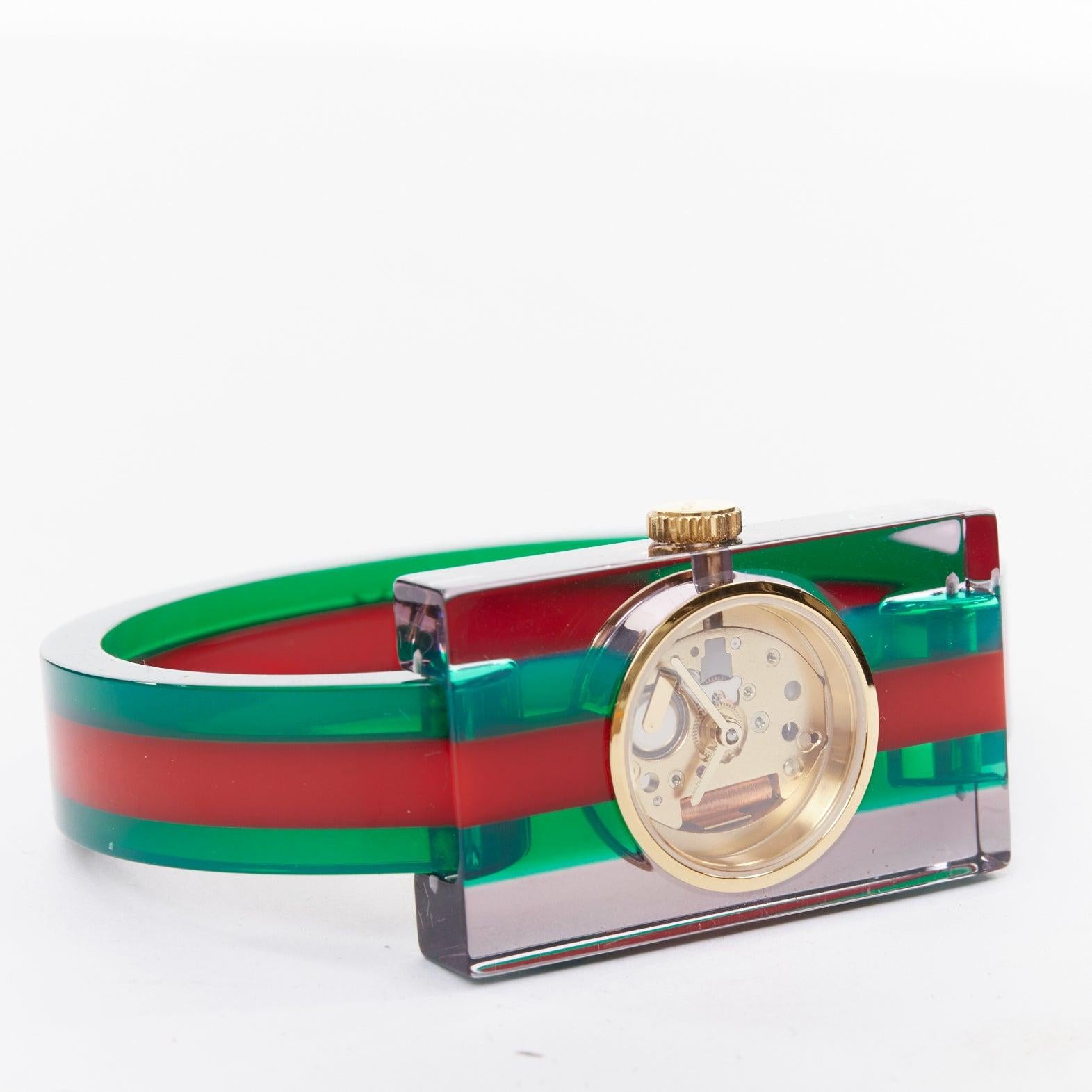 GUCCI 2018 Plexi Web green red  143.5 skeleton dial rectangular frame watch In New Condition For Sale In Hong Kong, NT
