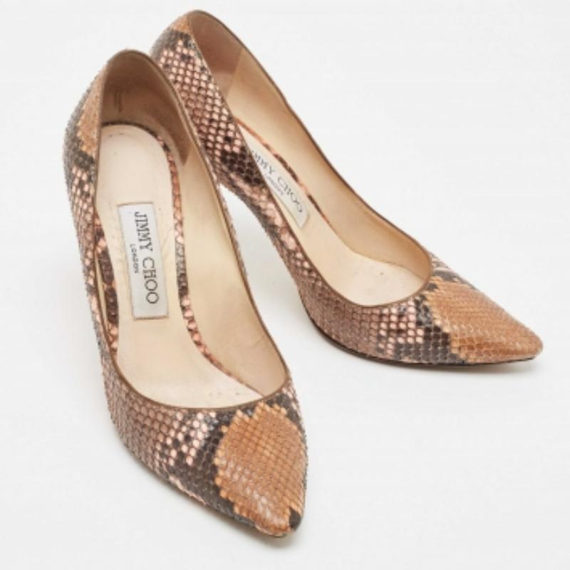 Gray Jimmy Choo Brown Python Leather Abel Pointed Toe Pumps Size 37 For Sale