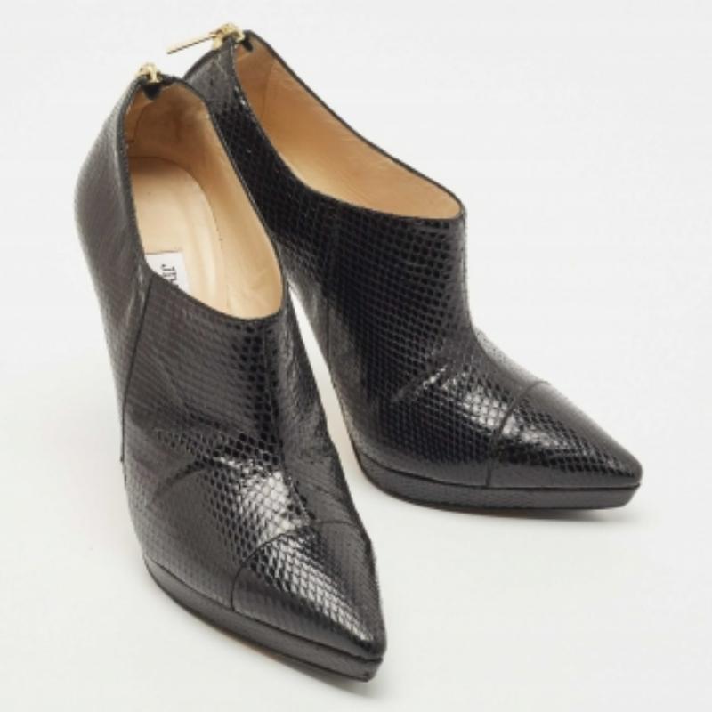Jimmy Choo Black Python Leather Peep-Toe Ankle Booties Size 38.5 In Good Condition For Sale In Dubai, Al Qouz 2