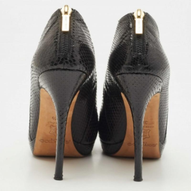 Jimmy Choo Black Python Leather Peep-Toe Ankle Booties Size 38.5 For Sale 1