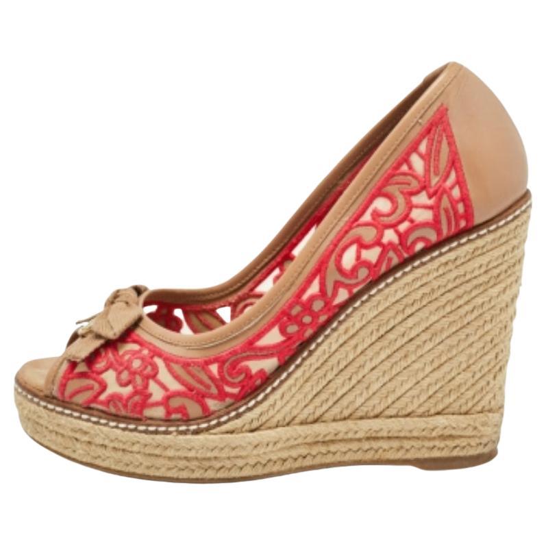 Tory Burch Pelle e Tessuto Ricamato Jackie Espadrille Zeppa Pompe Taglia 37.5