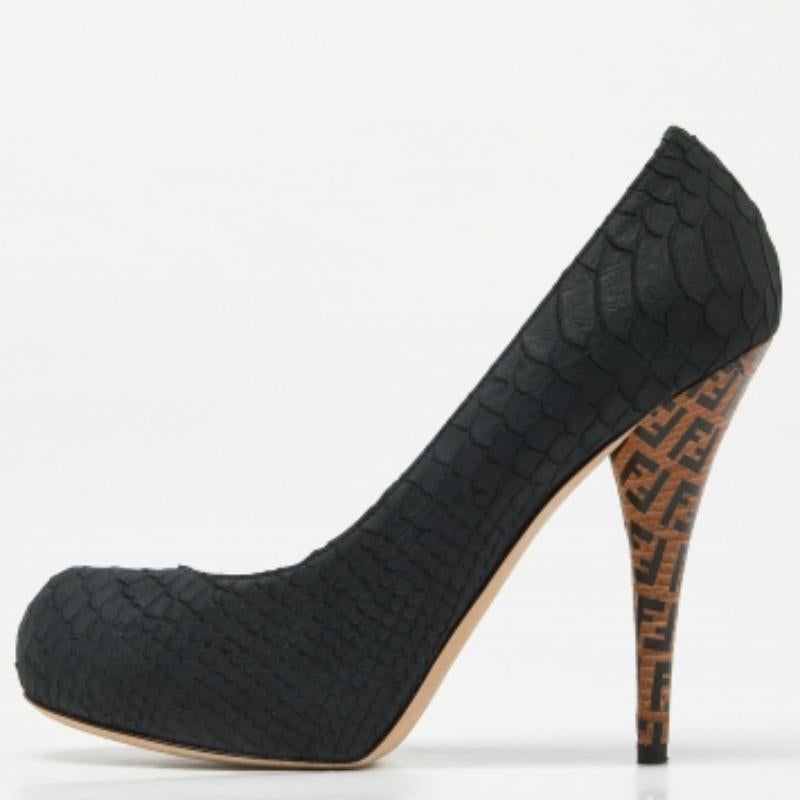 Fendi Black Python Embossed Leather FF Logo Heel Platform Pumps Size 40 For Sale