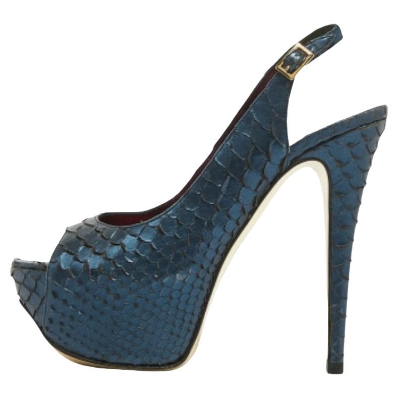 Gina Metallic Navy Blue Python Open Toe Platform Slingback Pumps Size 37.5