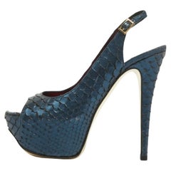 Gina Metallic Navy Blue Python Open Toe Platform Slingback Pumps Size 37.5