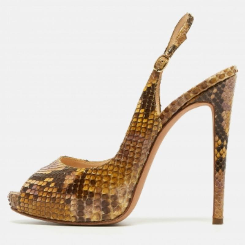 Alexandre Birman Bombas de piel de serpiente amarilla/marrón con puntera abierta tamaño 37