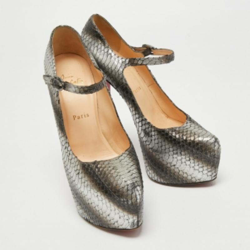Gray Christian Louboutin Two Tone Python Lady Daf Pumps Size 39.5 For Sale