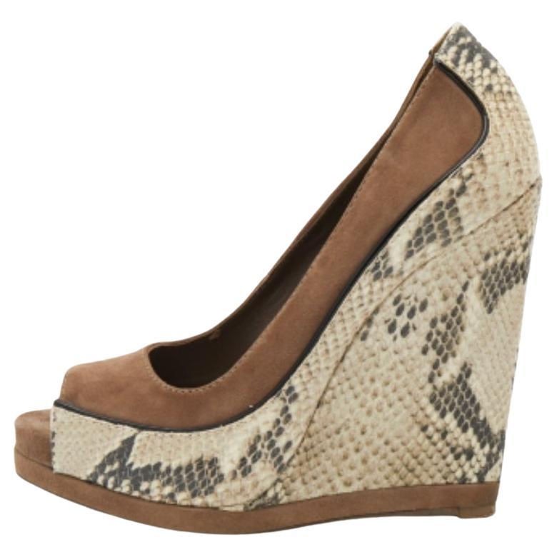 Tory Burch Brown Suede and Python Embossed Leather Sandra Wedge Pumps Size 38