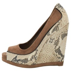 Tory Burch Brown Suede and Python Embossed Leather Sandra Wedge Pumps Size 38