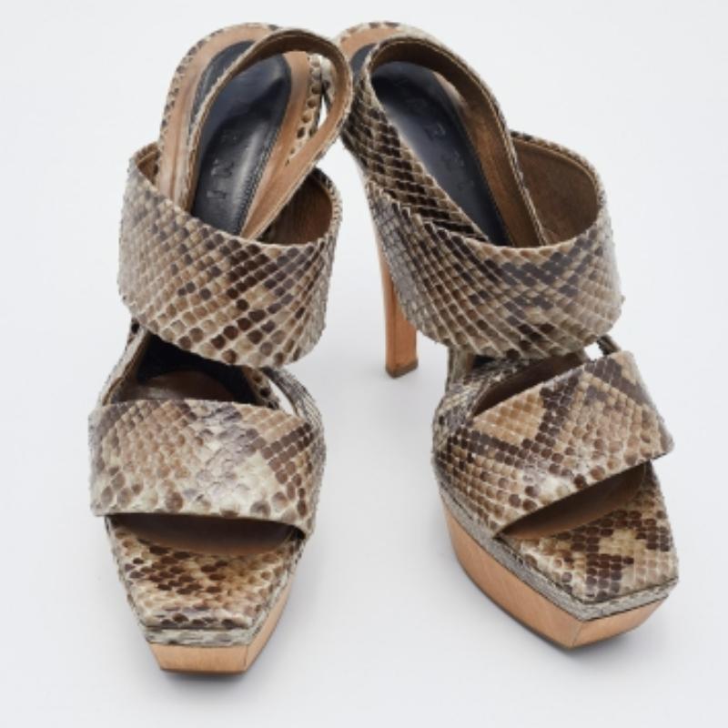 Brown Marni Multicolor Python Platform Slingback Sandals Size 38 For Sale